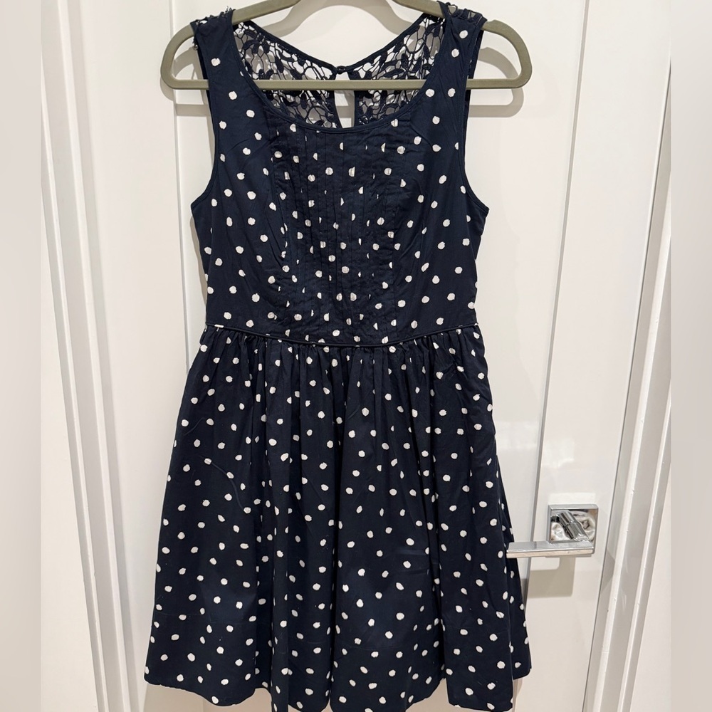 Anthropologie Moulinette Soeurs Dress size 8 navy blue polka dots old money